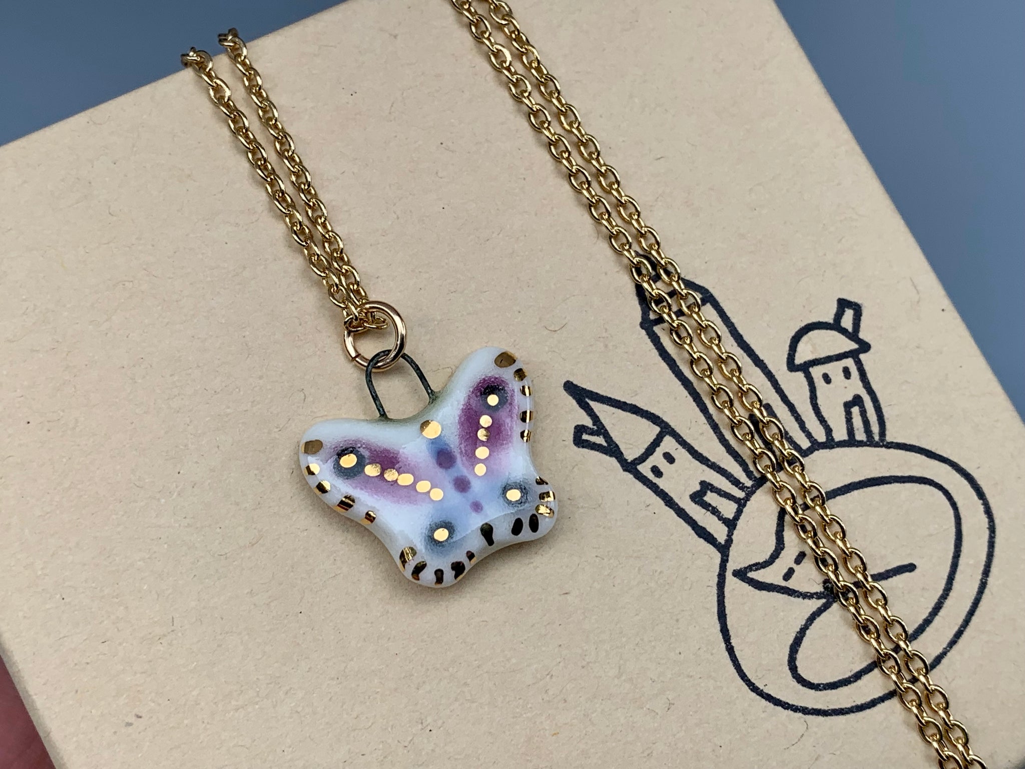 Butterfly Necklace, Dainty Pendant with real 22kt gold - Vuvu Ceramics