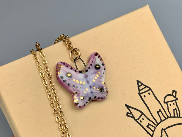 Butterfly Necklace, Porcelain Pendant with real 22kt gold