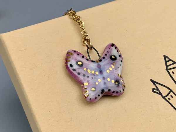 Butterfly Necklace, Porcelain Pendant with real 22kt gold