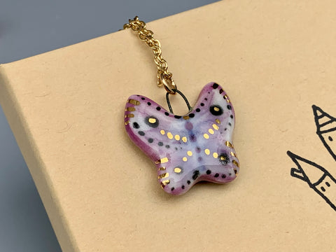 Butterfly Necklace, Porcelain Pendant with real 22kt gold
