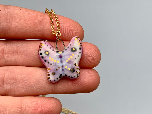Butterfly Necklace, Porcelain Pendant with real 22kt gold
