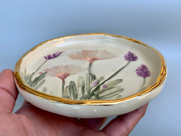 Large Pink Daisy Jewelry Holder, Ceramic Dish with Flower Imprint - Vuvu Ceramics