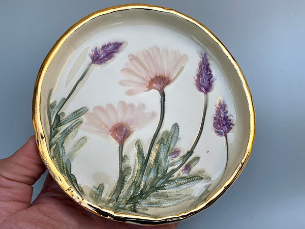 Large Pink Daisy Jewelry Holder, Ceramic Dish with Flower Imprint - Vuvu Ceramics