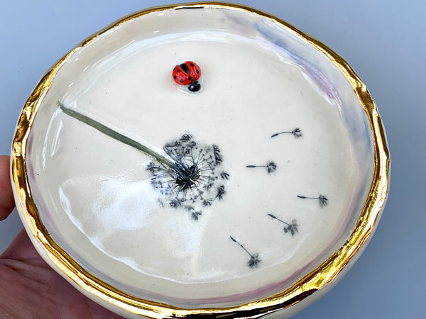 Large Ladybug Dish with Dandelion Seed Head, with 22kt gold accents - Vuvu Ceramics