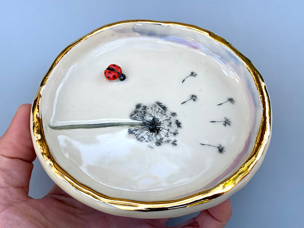 Large Ladybug Dish with Dandelion Seed Head, with 22kt gold accents - Vuvu Ceramics