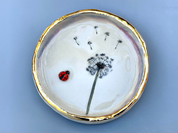 Large Ladybug Dish with Dandelion Seed Head, with 22kt gold accents - Vuvu Ceramics