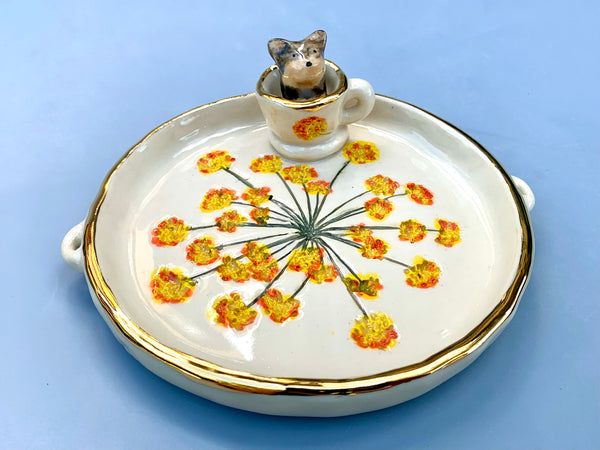 Yorkie in a Teacup Jewelry Holder, Ceramic Trinket Dish with Gold Accent