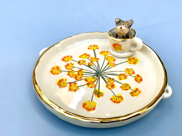 Yorkie in a Teacup Jewelry Holder, Ceramic Trinket Dish with Gold Accent