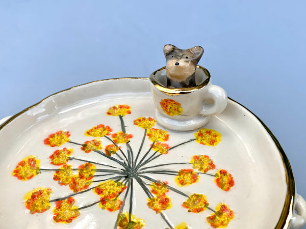 Yorkie in a Teacup Jewelry Holder, Ceramic Trinket Dish with Gold Accent