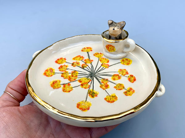 Yorkie in a Teacup Jewelry Holder, Ceramic Trinket Dish with Gold Accent