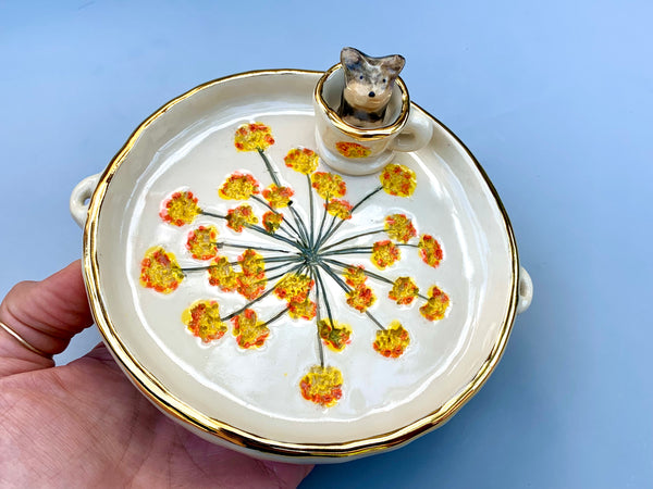Yorkie in a Teacup Jewelry Holder, Ceramic Trinket Dish with Gold Accent