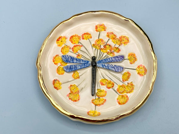 Large Dragonfly Jewelry Dish with Fennel Flowers and Gold Accent