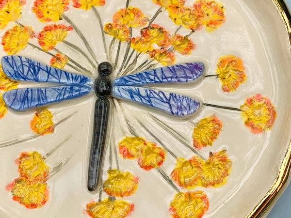 Large Dragonfly Jewelry Dish with Fennel Flowers and Gold Accent