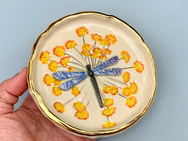 Large Dragonfly Jewelry Dish with Fennel Flowers and Gold Accent