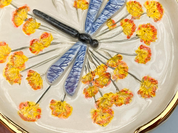Large Dragonfly Jewelry Dish with Fennel Flowers and Gold Accent
