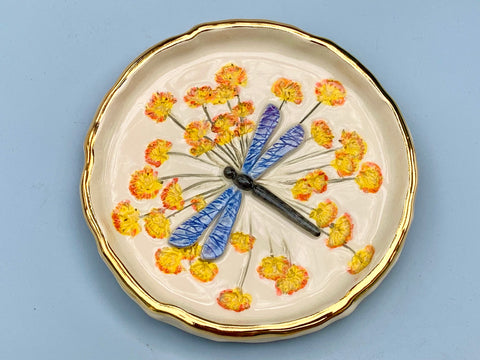 Large Dragonfly Jewelry Dish with Fennel Flowers and Gold Accent