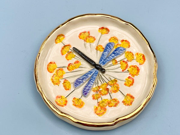 Large Dragonfly Jewelry Dish with Fennel Flowers and Gold Accent