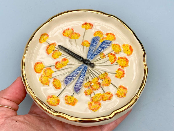 Large Dragonfly Jewelry Dish with Fennel Flowers and Gold Accent