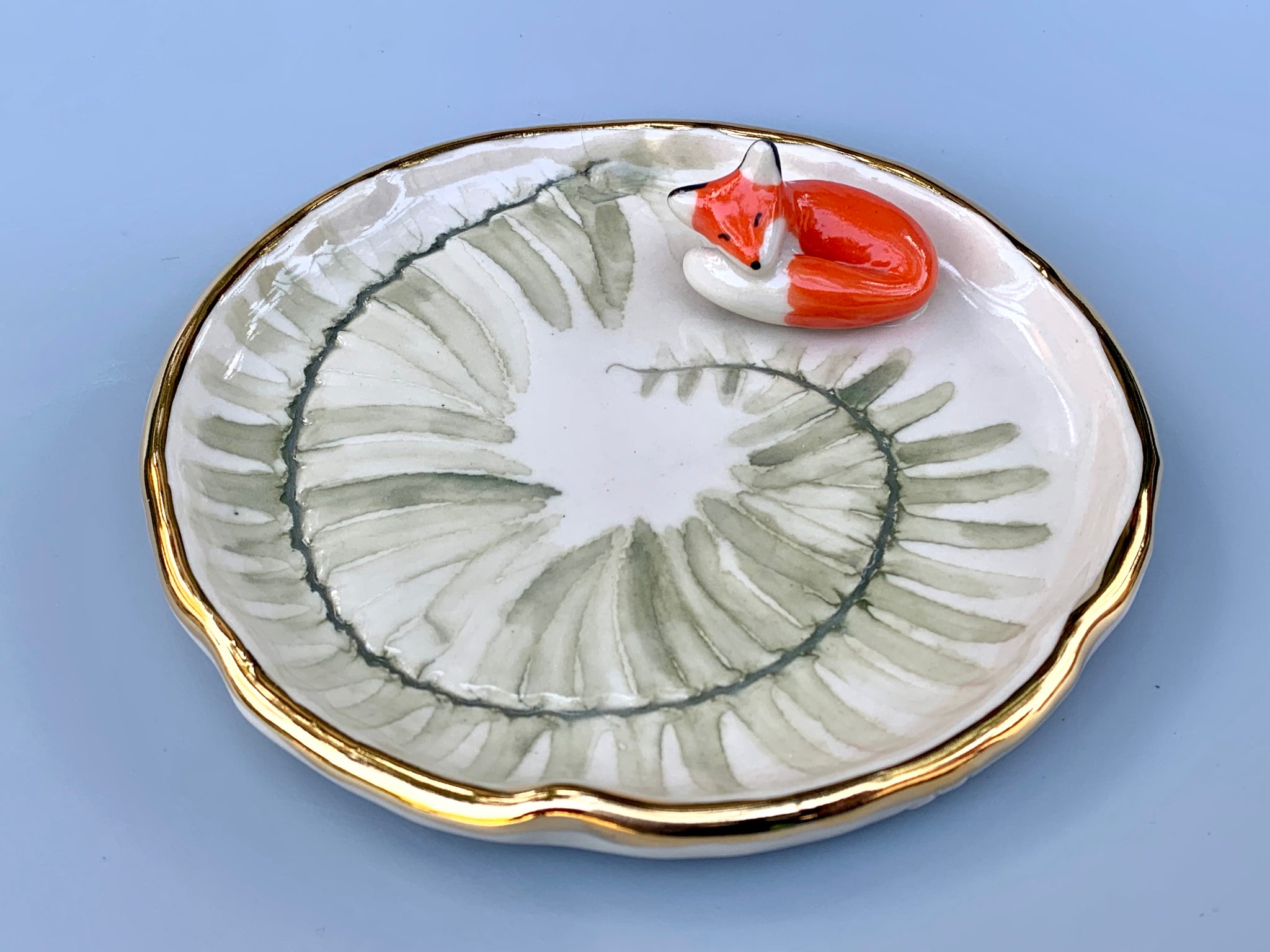 Fox Among the Ferns Jewelry Dish, Ceramic with Gold Accent - Vuvu Ceramics