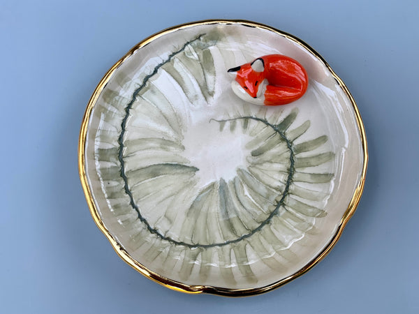 Fox Among the Ferns Jewelry Dish, Ceramic with Gold Accent - Vuvu Ceramics