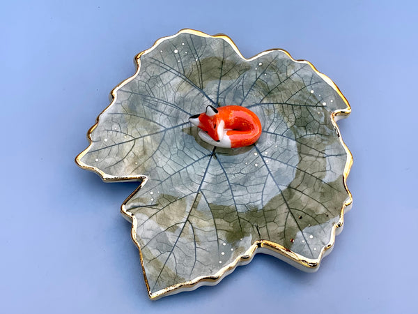 Sleeping Fox Jewelry Holder, Ceramic Grape Leaf Trinket Dish with Gold Accent