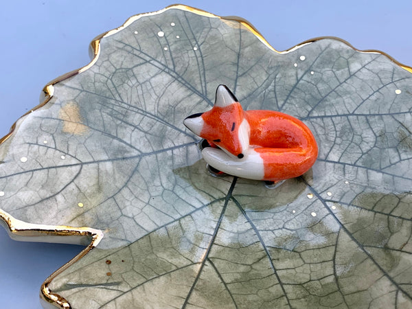 Sleeping Fox Jewelry Holder, Ceramic Grape Leaf Trinket Dish with Gold Accent