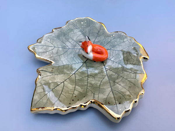 Sleeping Fox Jewelry Holder, Ceramic Grape Leaf Trinket Dish with Gold Accent