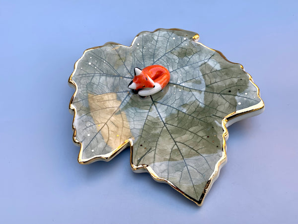 Sleeping Fox Jewelry Holder, Ceramic Grape Leaf Trinket Dish with Gold Accent
