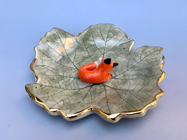 Sleeping Fox Jewelry Holder, Ceramic Grape Leaf Trinket Dish with Gold Accent