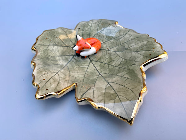 Sleeping Fox Jewelry Holder, Ceramic Grape Leaf Trinket Dish with Gold Accent