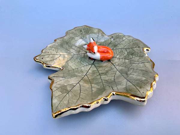 Sleeping Fox Jewelry Holder, Ceramic Grape Leaf Trinket Dish with Gold Accent
