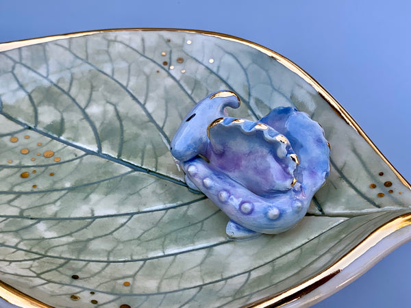 Sleeping Dragon Jewelry Holder, Ceramic Leaf Trinket Dish with Gold Accent