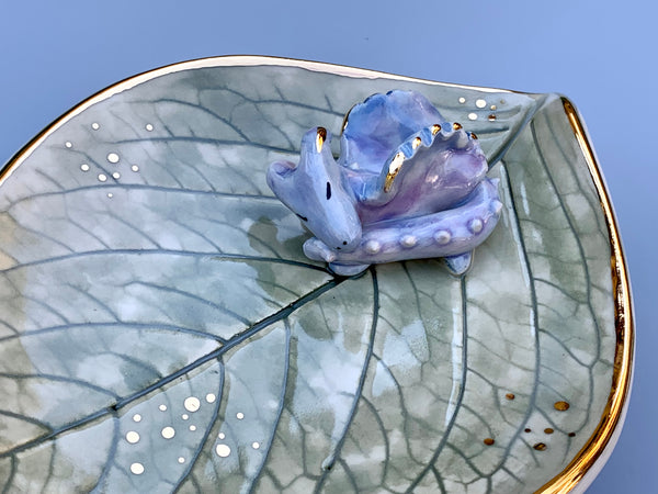 Sleeping Dragon Jewelry Holder, Ceramic Leaf Trinket Dish with Gold Accent