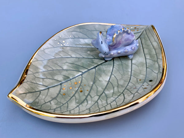 Sleeping Dragon Jewelry Holder, Ceramic Leaf Trinket Dish with Gold Accent