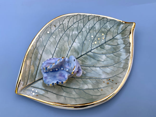 Sleeping Dragon Jewelry Holder, Ceramic Leaf Trinket Dish with Gold Accent