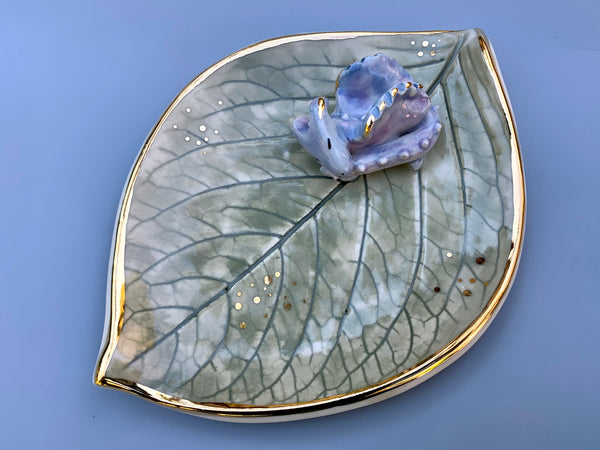 Sleeping Dragon Jewelry Holder, Ceramic Leaf Trinket Dish with Gold Accent