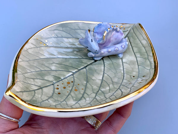 Sleeping Dragon Jewelry Holder, Ceramic Leaf Trinket Dish with Gold Accent