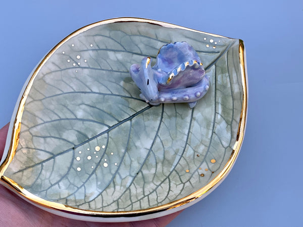Sleeping Dragon Jewelry Holder, Ceramic Leaf Trinket Dish with Gold Accent