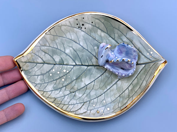 Sleeping Dragon Jewelry Holder, Ceramic Leaf Trinket Dish with Gold Accent