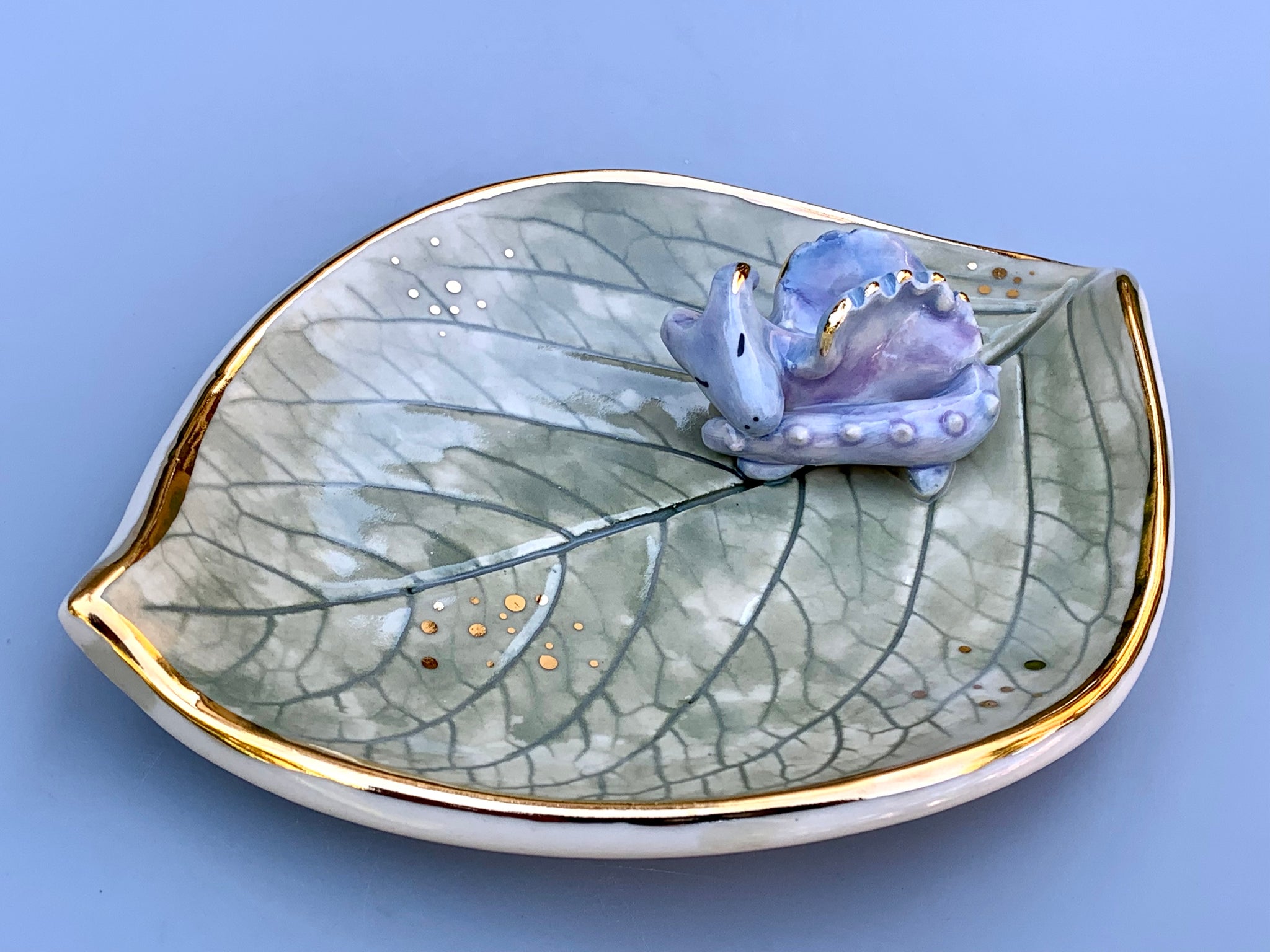 Sleeping Dragon Jewelry Holder, Ceramic Leaf Trinket Dish with Gold Accent