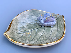 Sleeping Dragon Jewelry Holder, Ceramic Leaf Trinket Dish with Gold Accent