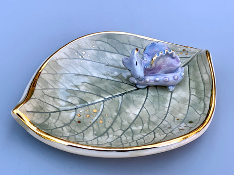 Sleeping Dragon Jewelry Holder, Ceramic Leaf Trinket Dish with Gold Accent