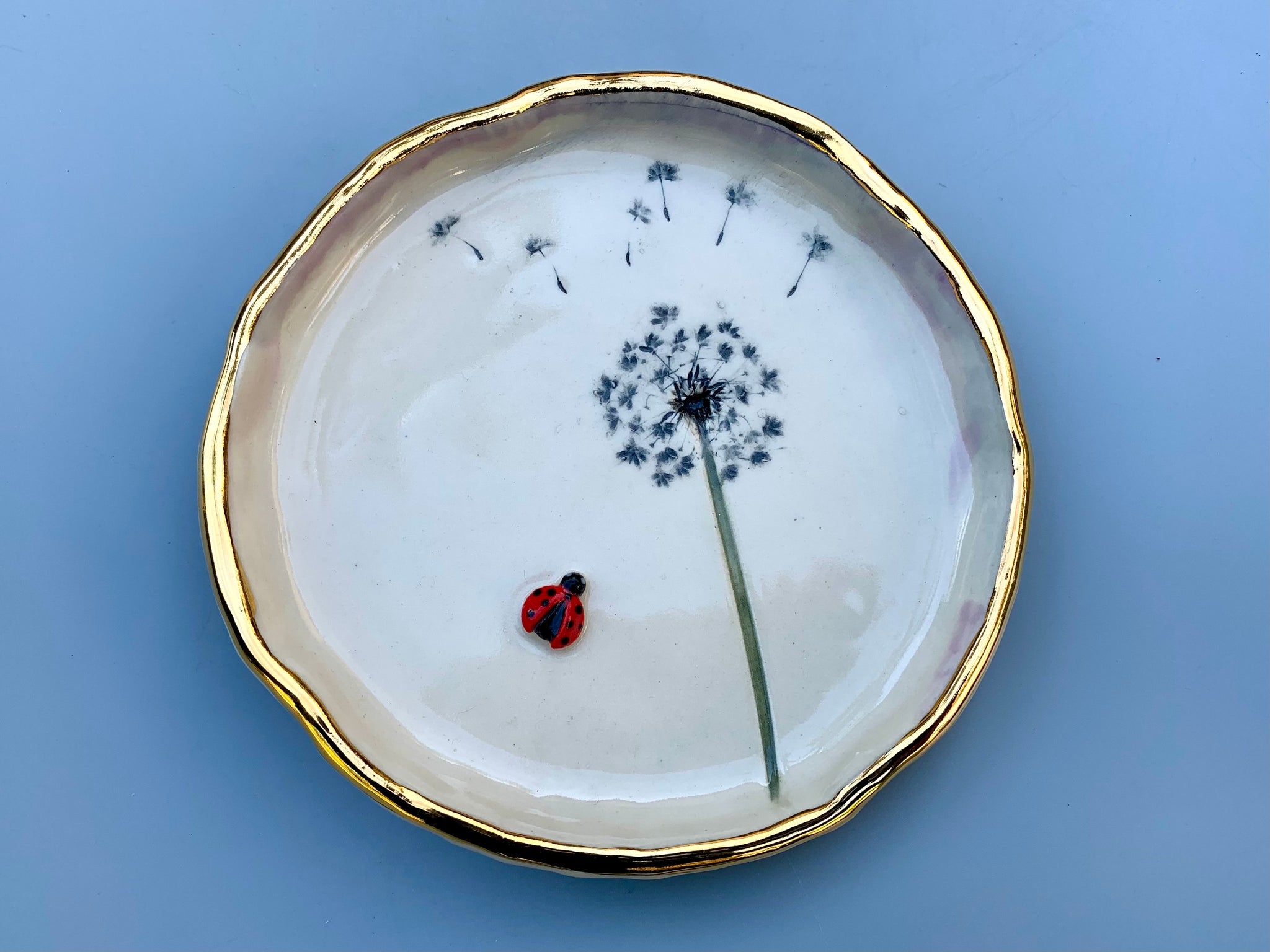 Large Ladybug Dish with Dandelion Seed Head, with 22kt gold accents - Vuvu Ceramics