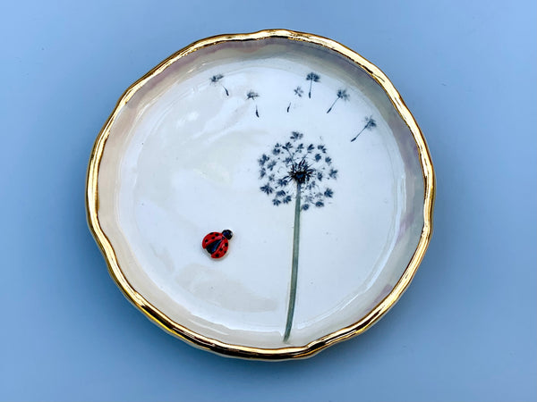 Large Ladybug Dish with Dandelion Seed Head, with 22kt gold accents - Vuvu Ceramics