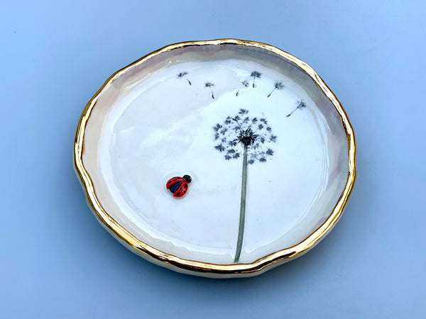 Large Ladybug Dish with Dandelion Seed Head, with 22kt gold accents - Vuvu Ceramics
