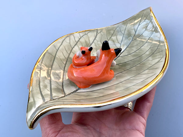 Mama Fox and Baby Jewelry Holder, Ceramic Hydrangea Leaf Trinket Dish with Gold Accent