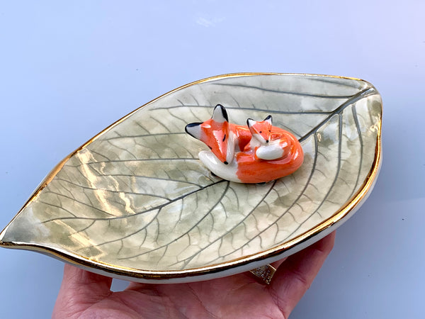 Mama Fox and Baby Jewelry Holder, Ceramic Hydrangea Leaf Trinket Dish with Gold Accent