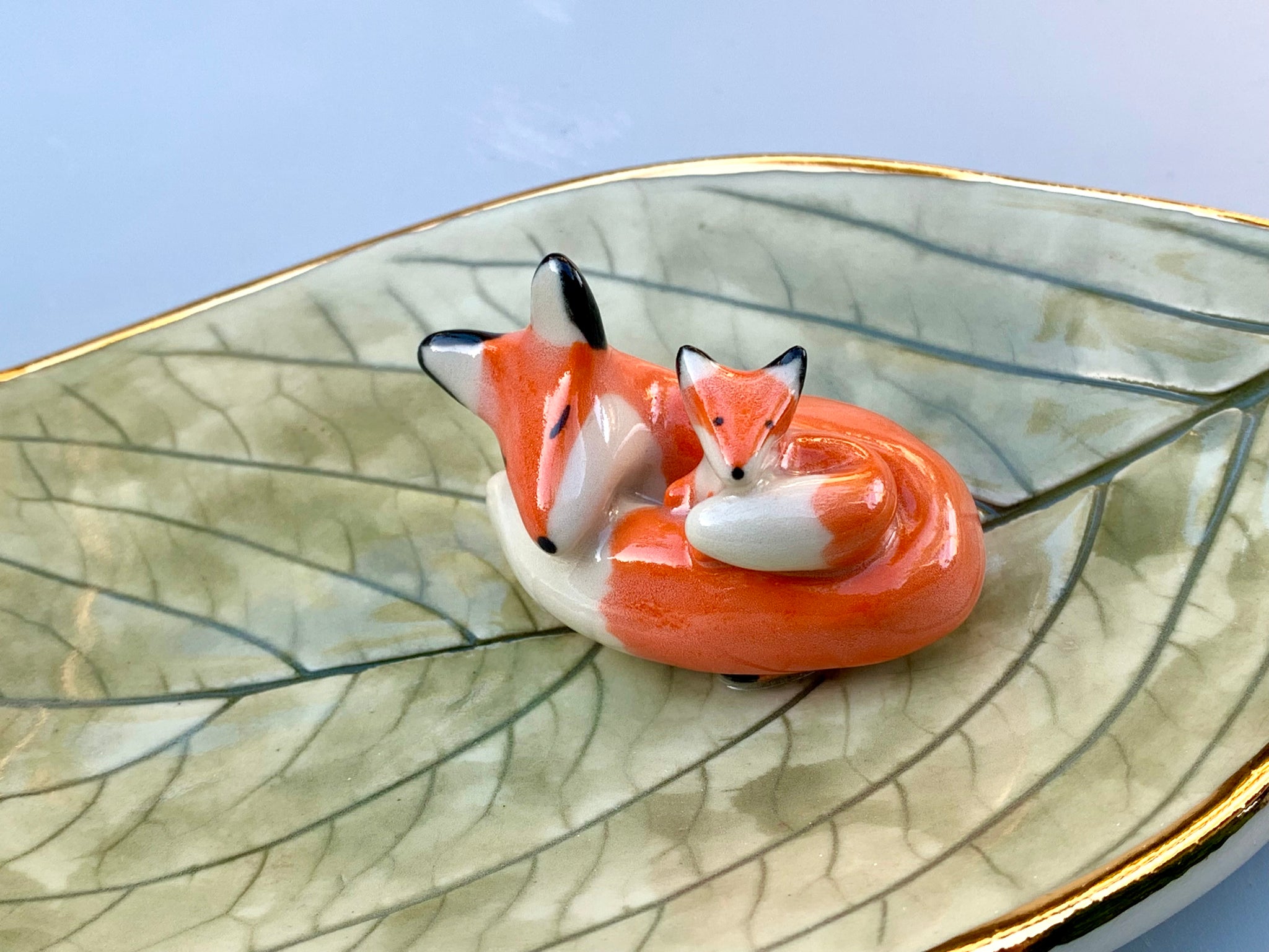 Fox Jewelry Holder, Ceramic Leaf Trinket Dish with Gold Rim