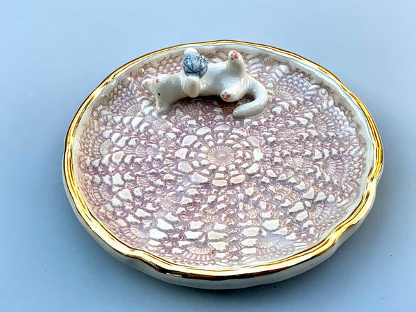 White Cat Playing with Yarn, Jewelry Dish with Gold Accent