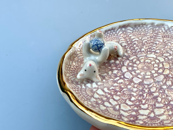 White Cat Playing with Yarn, Jewelry Dish with Gold Accent